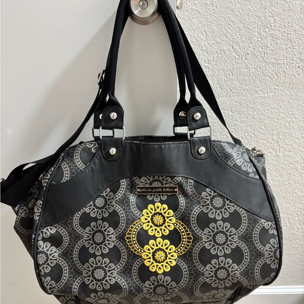 Petunia Pickle Bottom Black and Gray diaper Bag with Yellow Detail